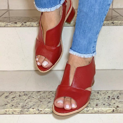 Dames Sandalen met Blokhak Open Teen Elegant Comfortabel Leer Bordeauxrood Zomerschoenen