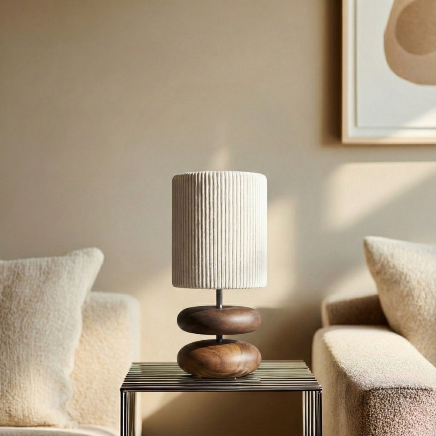 Tafellamp Hout Textiel Donker Bruin Rond Design Nachtkastje