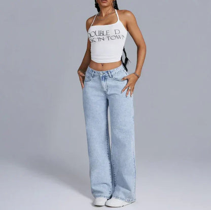 Dahna Jeans | Wijde Denim Broek met Roze Strikdetails