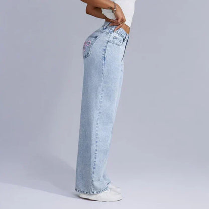 Dahna Jeans | Wijde Denim Broek met Roze Strikdetails