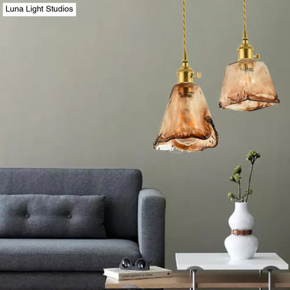 Vintage Hanglamp met Kegelkap in Glas – Messing/Koper Armatuur voor Woonkamer & Eetkamer