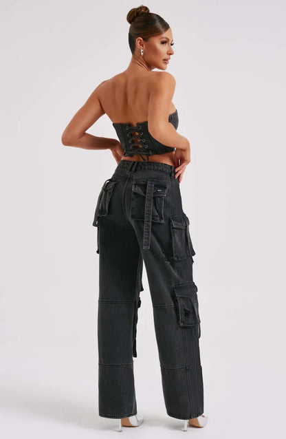 Tweedelige Denim Set - Korset en Cargo Broek voor Vrouw