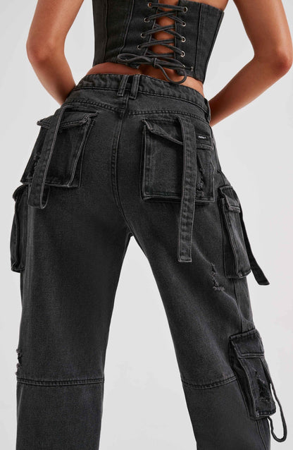 Tweedelige Denim Set - Korset en Cargo Broek voor Vrouw