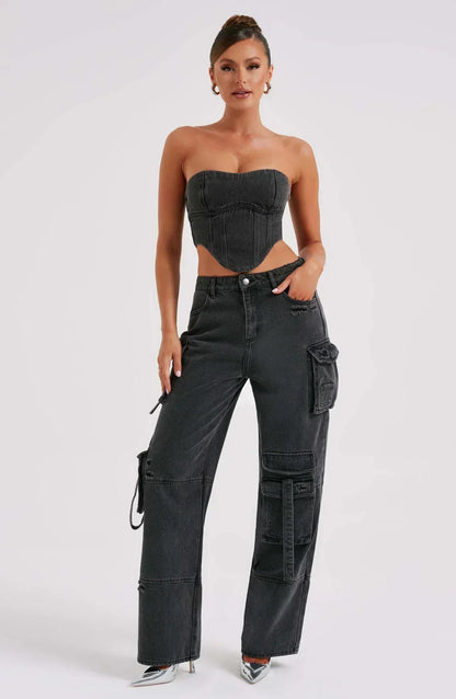 Tweedelige Denim Set - Korset en Cargo Broek voor Vrouw