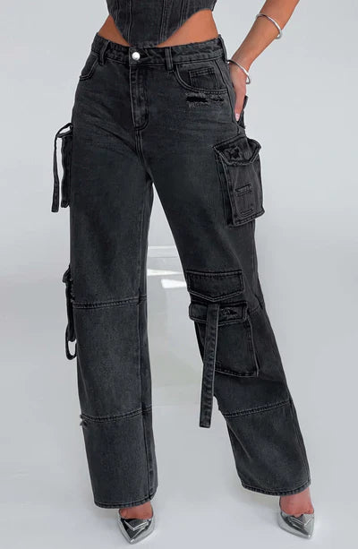 Dames Leer Cargo Broek Comfortabel Zwart