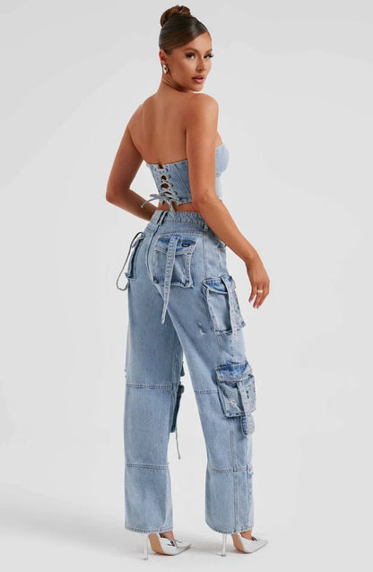 Tweedelige Denim Set - Korset en Cargo Broek voor Vrouw