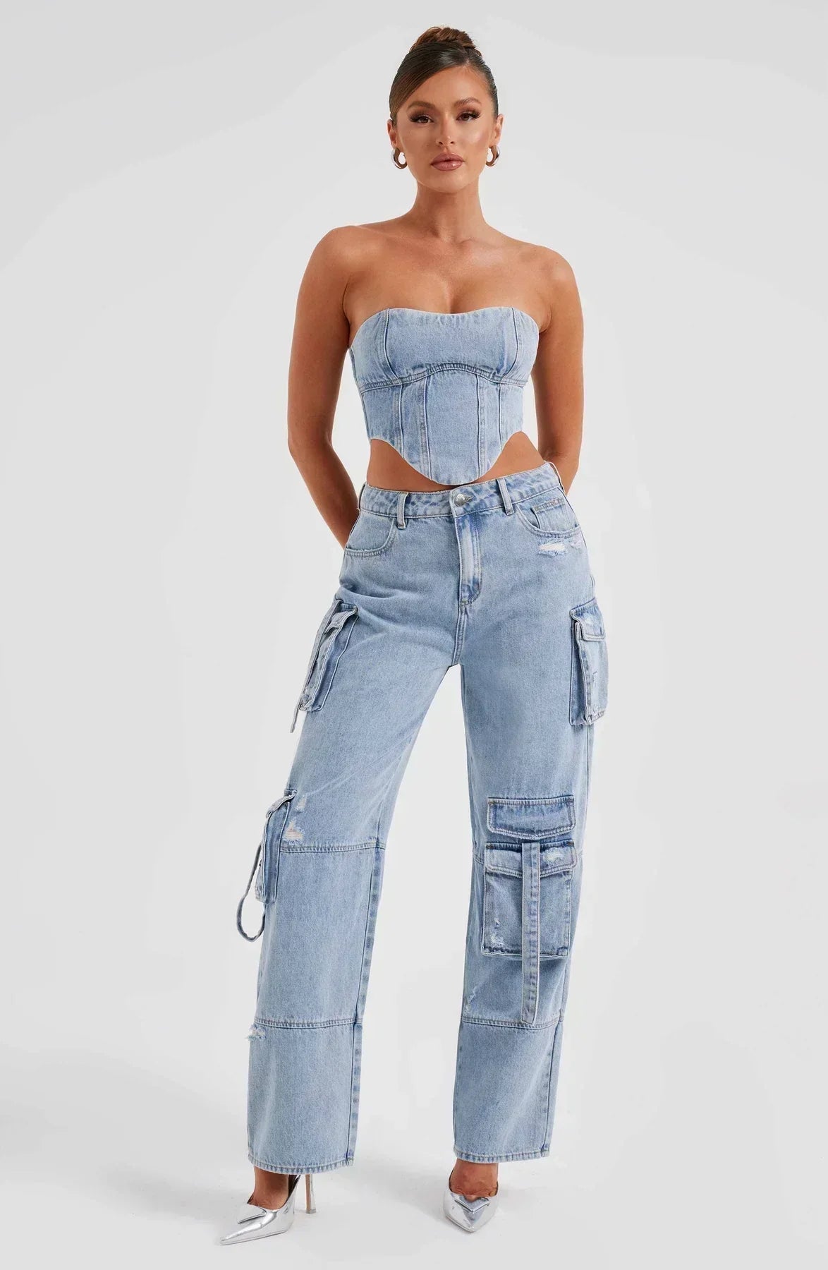 Tweedelige Denim Set - Korset en Cargo Broek voor Vrouw - StudioMarella