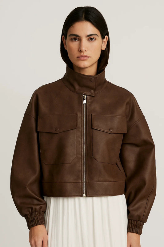 Dames Biker Jas Kort Met Opstaande Kraag Casual Stijl - StudioMarella