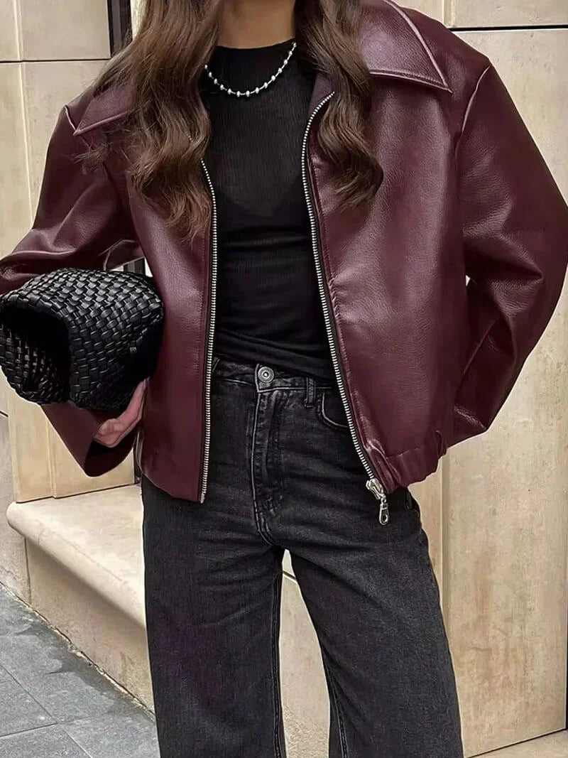Leren Jas Dames Burgundy Rood Bontlook