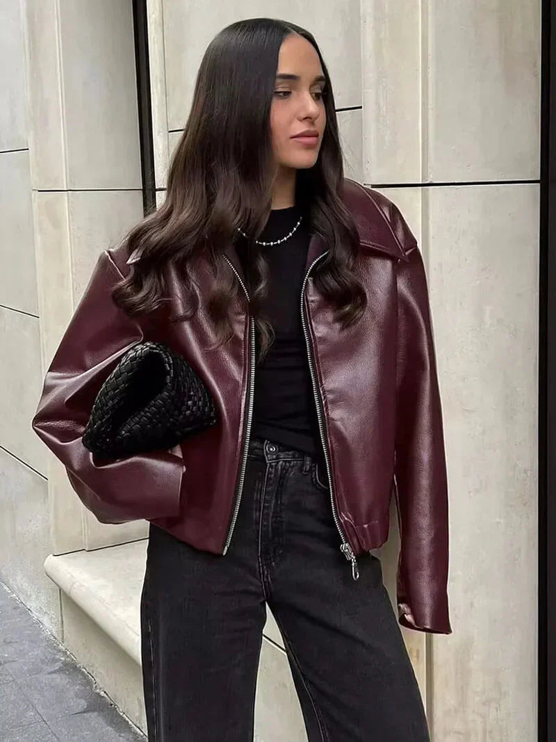 Leren Jas Dames Burgundy Rood Bontlook