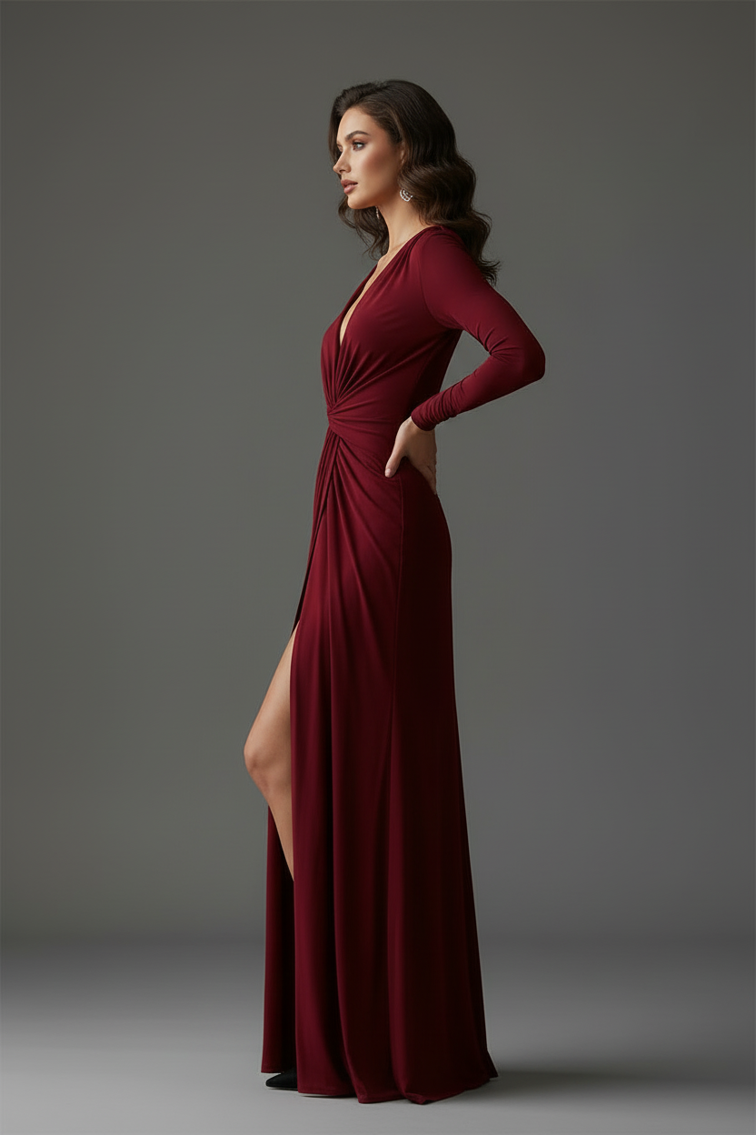 Burgundy maxi dress side view