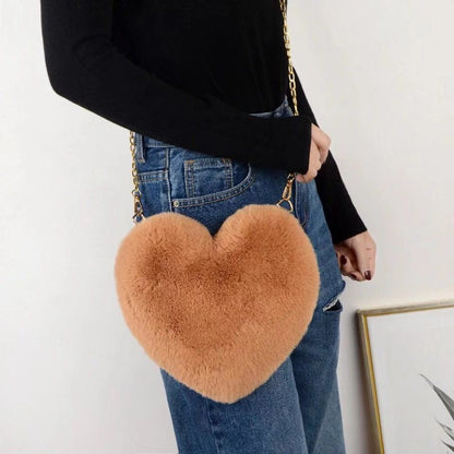 Dames Crossbody Tas Pluche Hartvormig met Ketting Sluiting