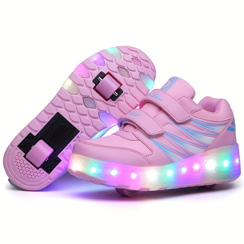 Roller sneakers kinderen LED kunstleer roze met wieltjes afneembaar schoenen skates lichtgevende kinderschoenen