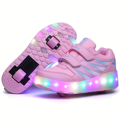 Roller sneakers kinderen LED kunstleer roze met wieltjes afneembaar schoenen skates lichtgevende kinderschoenen