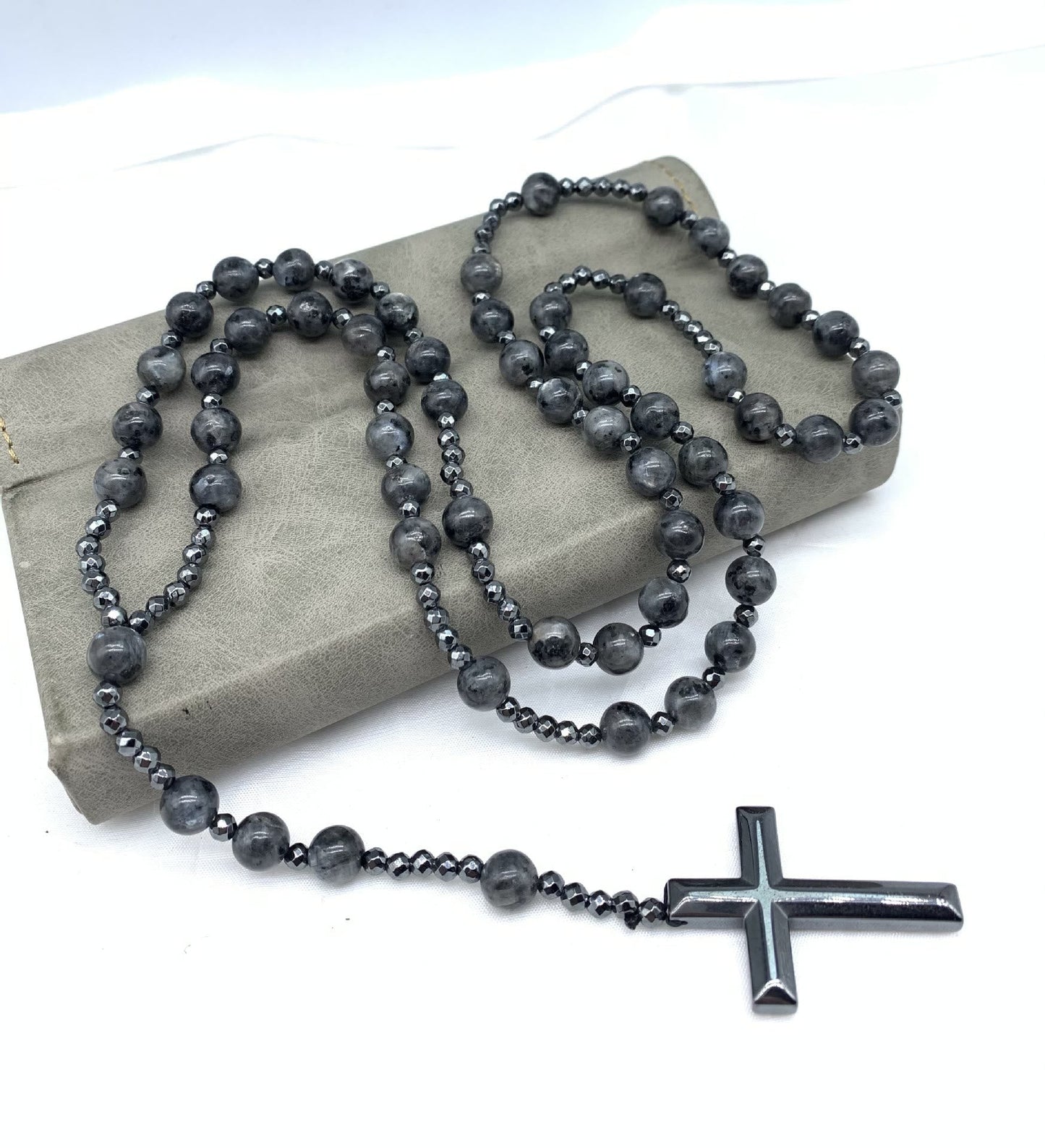 Natuursteen Rozenkrans Ketting met Kruis Hanger voor Mannen Zwart Blauw Groen Grijs