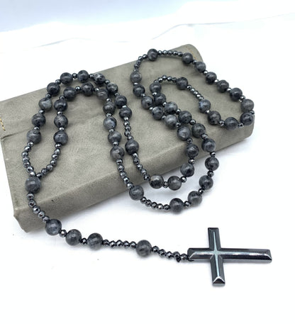 Natuursteen Rozenkrans Ketting met Kruis Hanger voor Mannen Zwart Blauw Groen Grijs