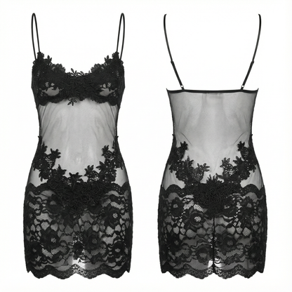 Doorschijnende Geborduurd Kanten Slip Jurk voor Dames – Romantische Lingerie met Verstelbare Bandjes