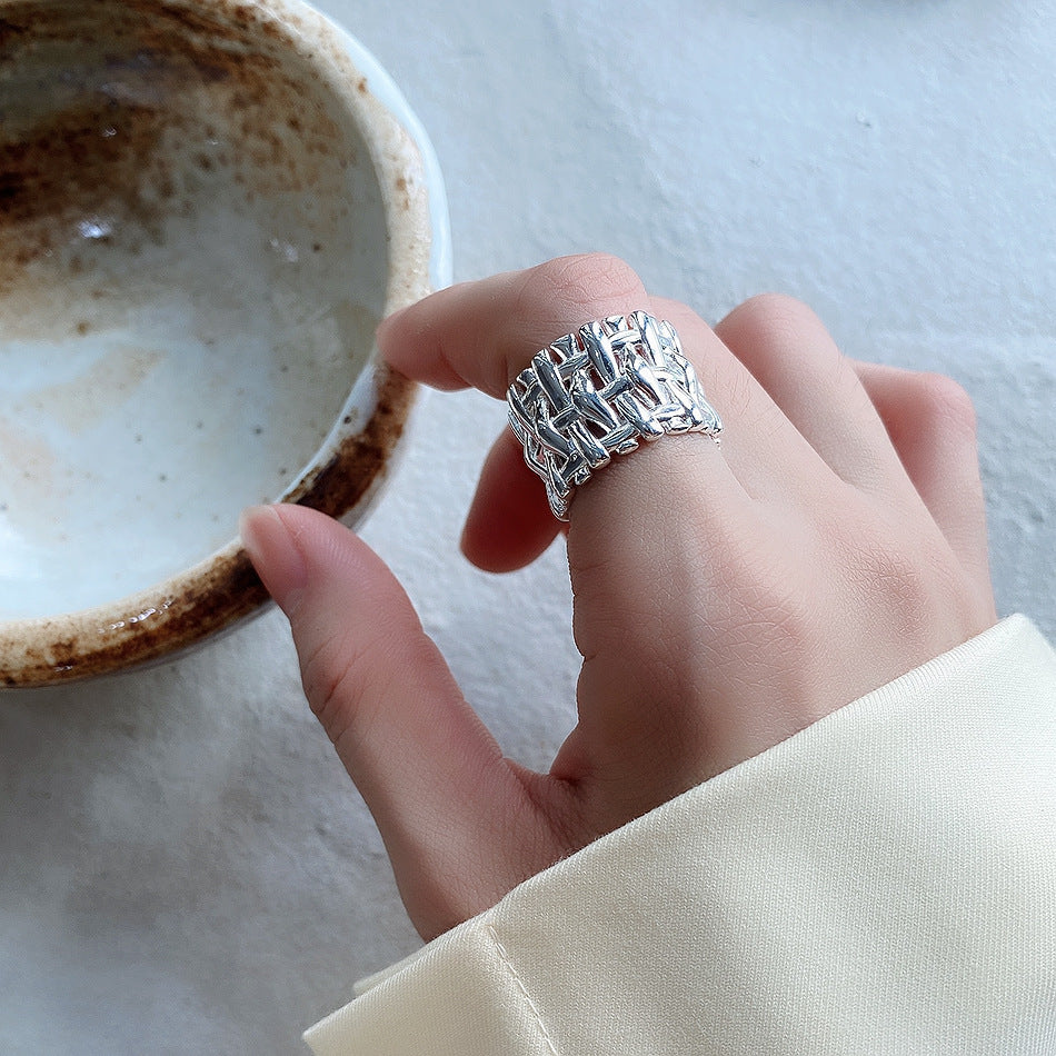 Zilveren Dames Ring Gevlochten Breed Modieus Design