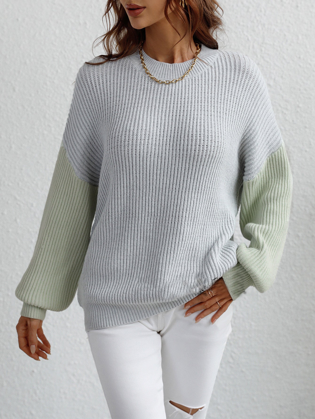 Dames Trui Ronde Hals Elegante Contrasterende Mouwen