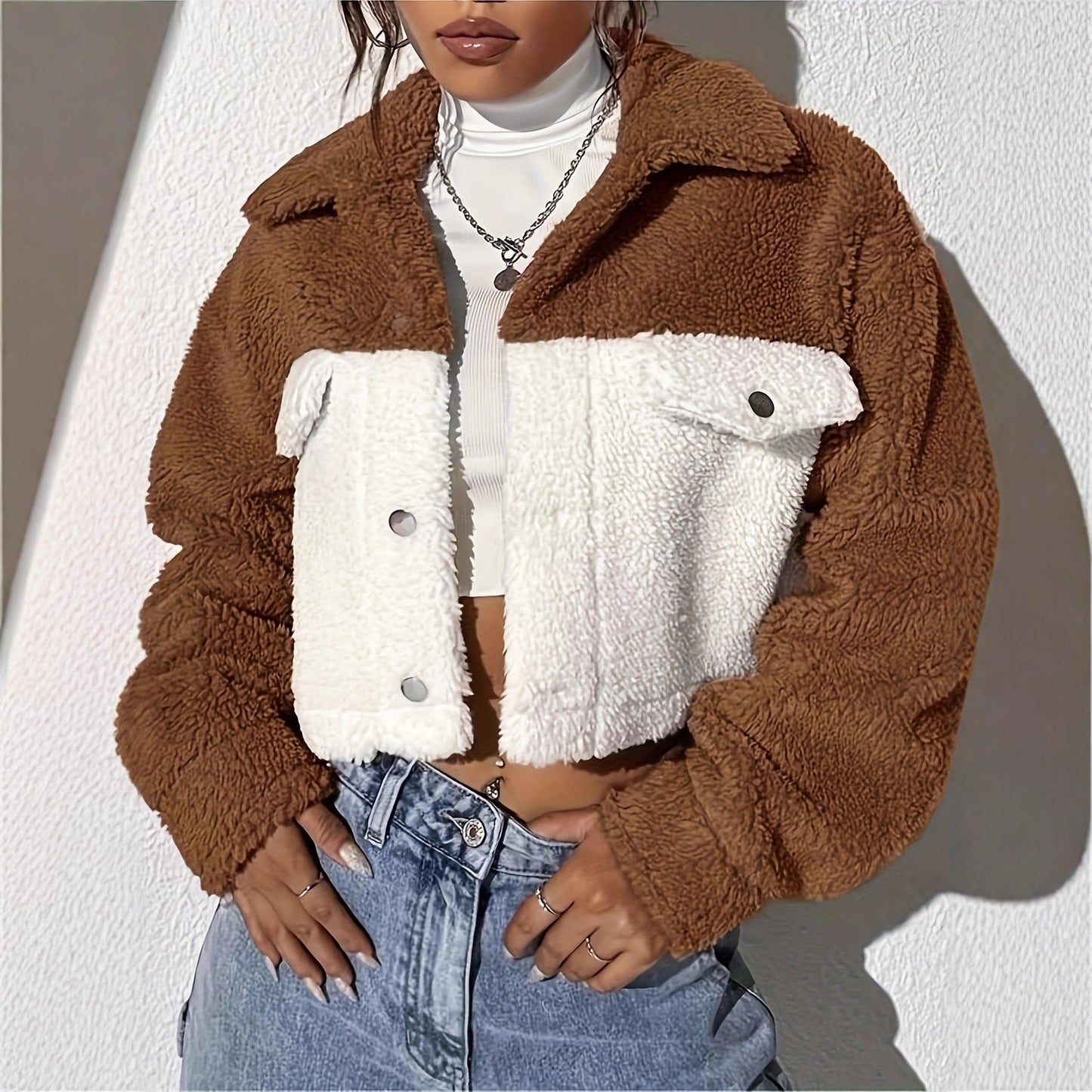 Dames Teddyjas Met Kraag En Contrasterende Kleuren → Dames Teddyjas Warm Met Kraag En Felle Kleuren