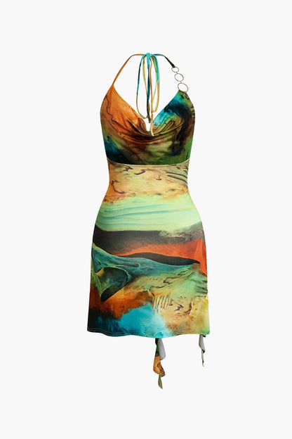 Kleurrijke Mini-jurk met Asymmetrische Hals en Leuke Print