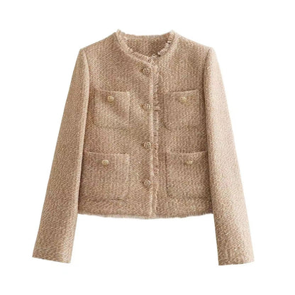 Dames Jas Boucle Stijlvol Goud Geheel Met Zakken