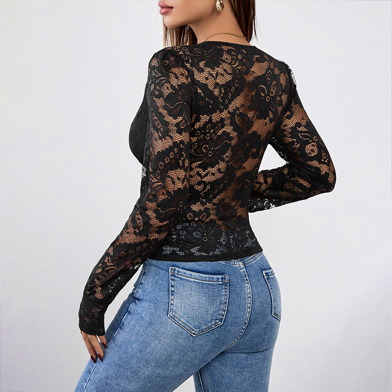Dames Top met Kanten V-Hals Zwarte Stijlvolle Kleding
