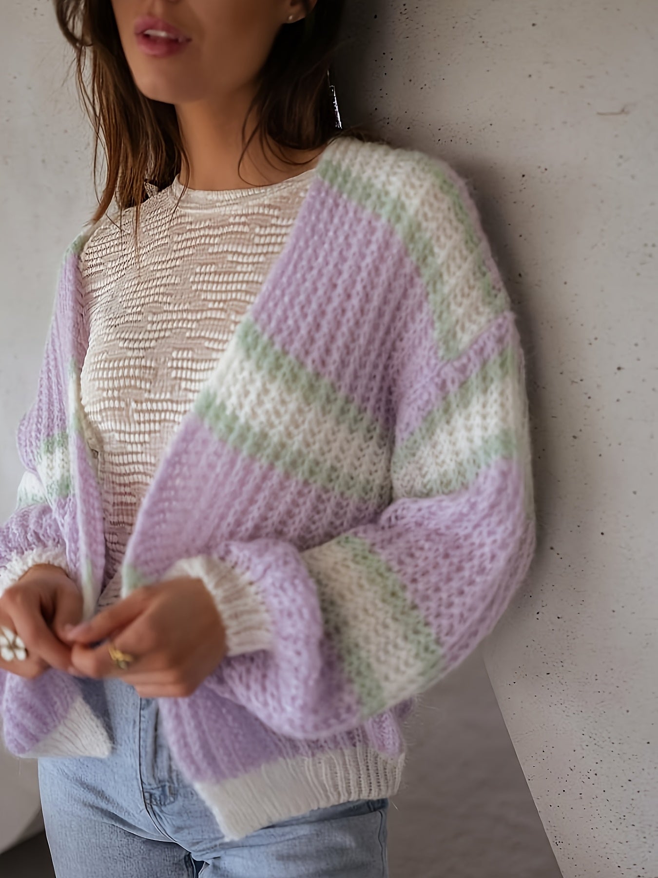 Dames Cardigan Gebreid Gestreept Met Lanternmouwen