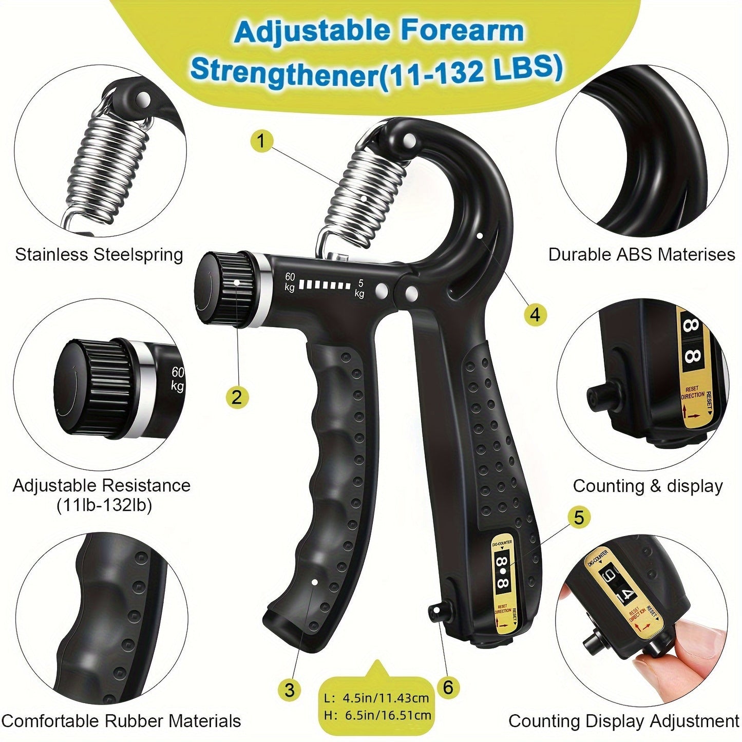 Handtrainer Set 5-in-1 voor Grip en Onderarmkracht Verstelbaar Weerstand met Vingertrainer en Krachtrubberbal