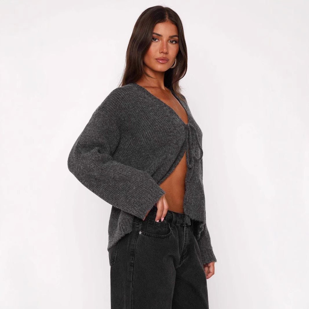 Dames Gebreide Vest Met Strik Sluiting Elegante Look