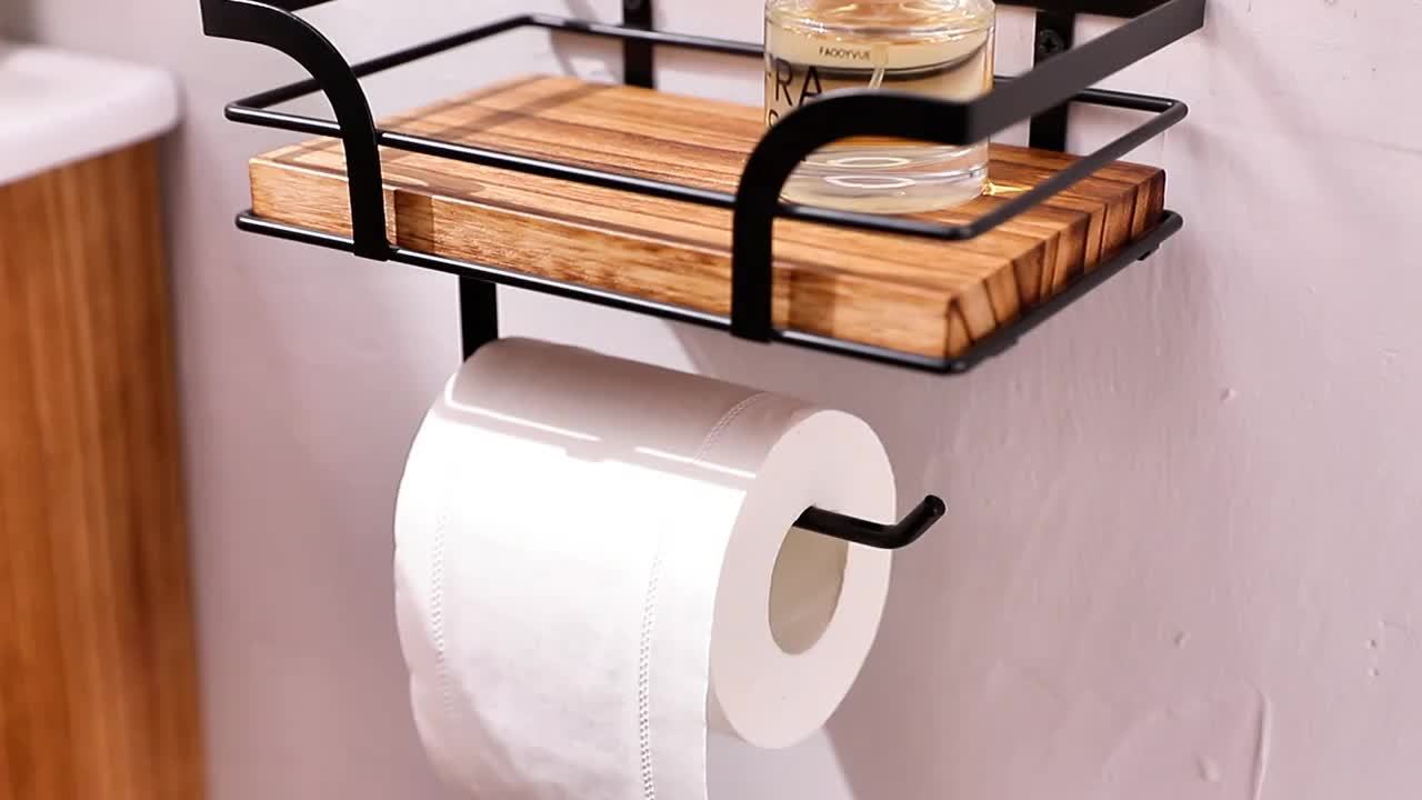 Wandplank Badkamer Smeedijzer Hout met Toiletrolhouder 20cm Zwart Toilet Opberger Wc Rek Muurplank