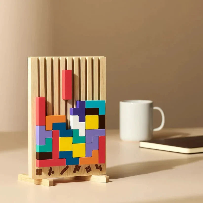 Houten Tetris Puzzel 31.5x19.8cm Ecokleuren Bureau Blokpuzzel Tangram Breinbreker Volwassenen Kinderen Kantoor Cadeau Speelgoed