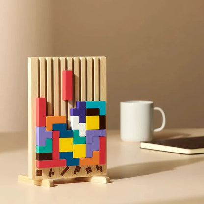 Houten Tetris Puzzel 31.5x19.8cm Ecokleuren Bureau Blokpuzzel Tangram Breinbreker Volwassenen Kinderen Kantoor Cadeau Speelgoed