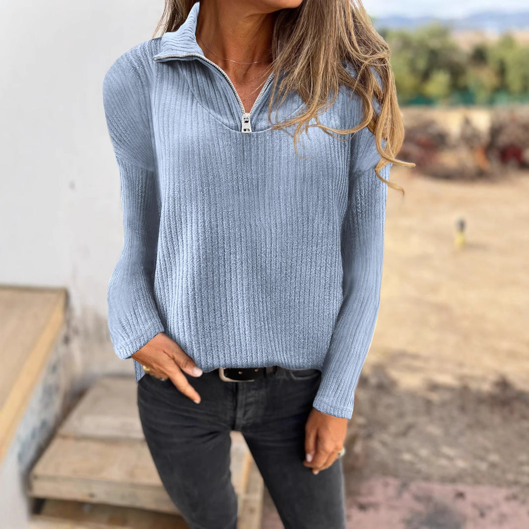 Dames Trui met Halve Rits en Ribbelstructuur Elegante Basislook → Dames Trui Halve Rits Ribbelstructuur Elegante Basislook