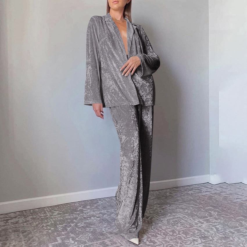 Dames Velvet Broekpak Lange Mouwen Shirt Set Comfortabele Stof