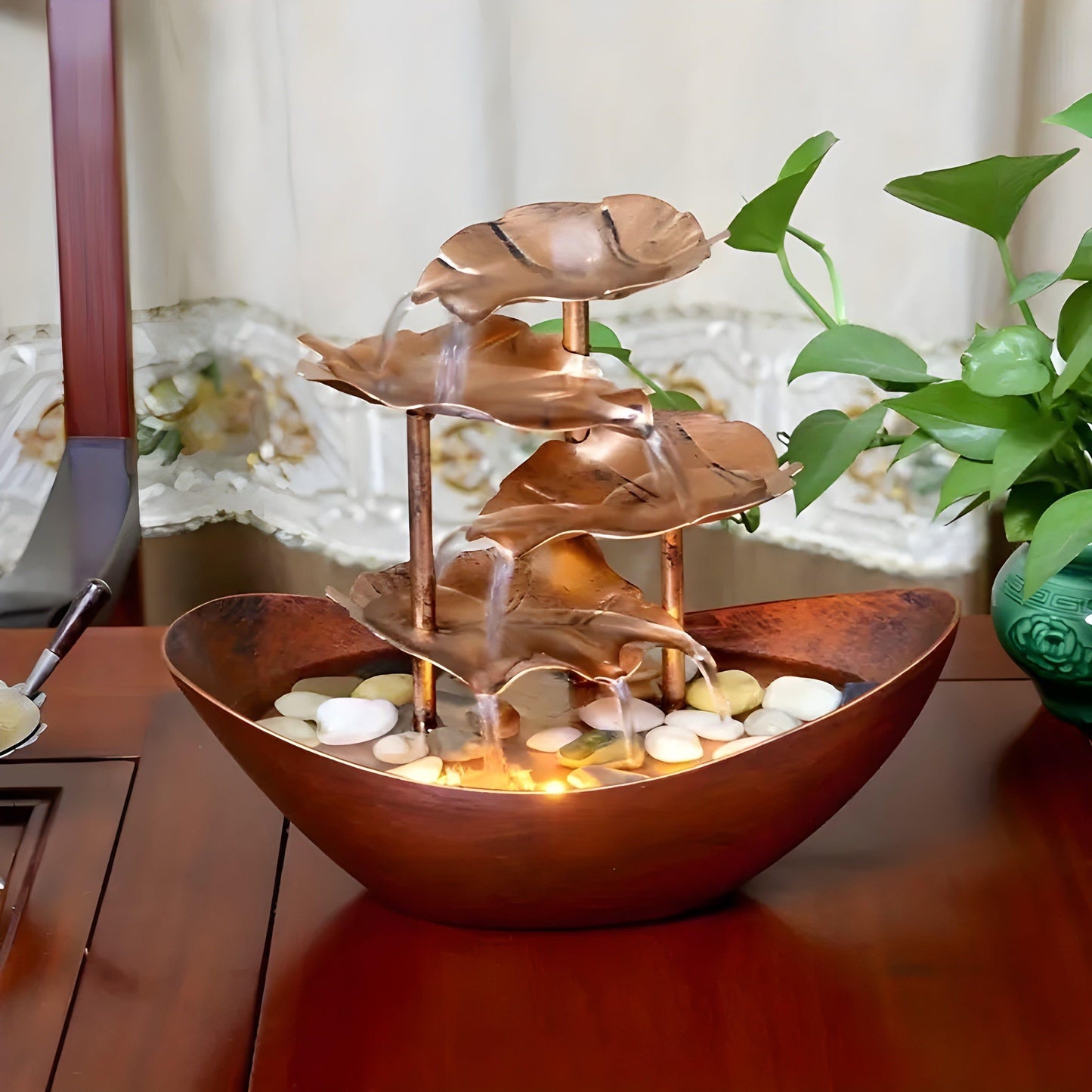 Tafelfontein LED Verlichting Metaal Vintage Ijzerblad Bureau Woonkamer Slaapkamer Waterornament Zen Sfeer