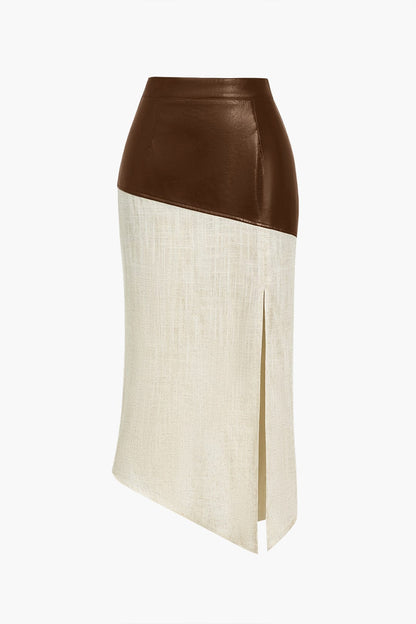 Asymmetrische Midirok van Kunstleer en Linnen Zwart Elegant