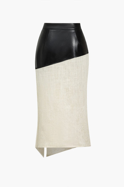 Asymmetrische Midirok van Kunstleer en Linnen Zwart Elegant