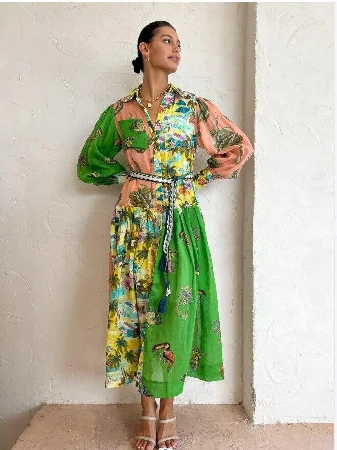 Vrouwelijke Jurk Met Bloemenprint Polokraag Dameskleding