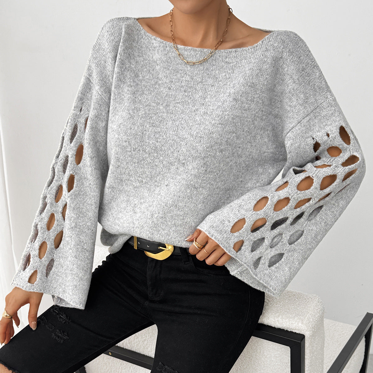 Dames Hals Sweater met Opengewerkte Mouwen Elegant en Stijlvol