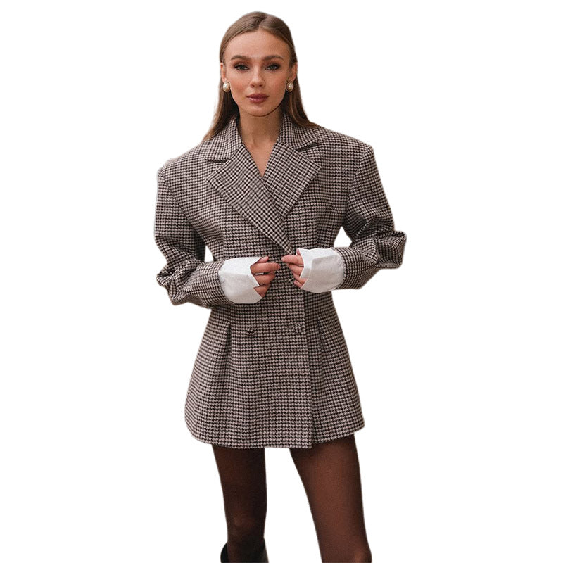 Dames Blazer Geruit Stijlvol met Plooien en Chic Design