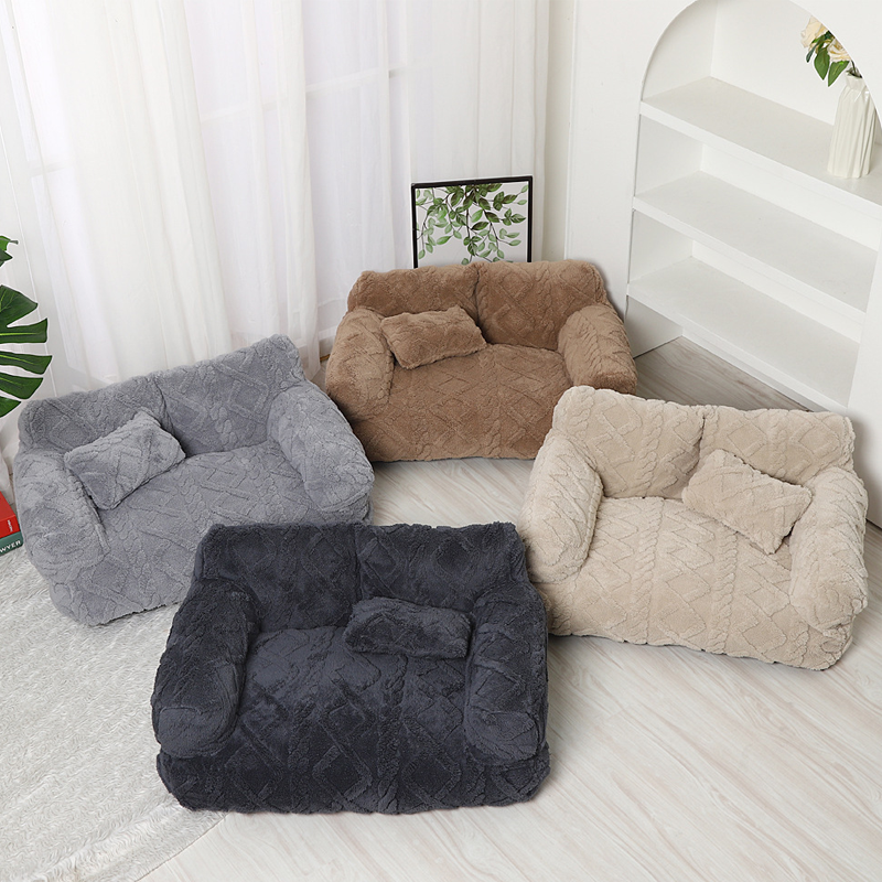 Pluche Hondenmand met Verhoogde Rand Beige Khaki Grijs Zwart Rustgevend Kussen S M L Katoenvulling