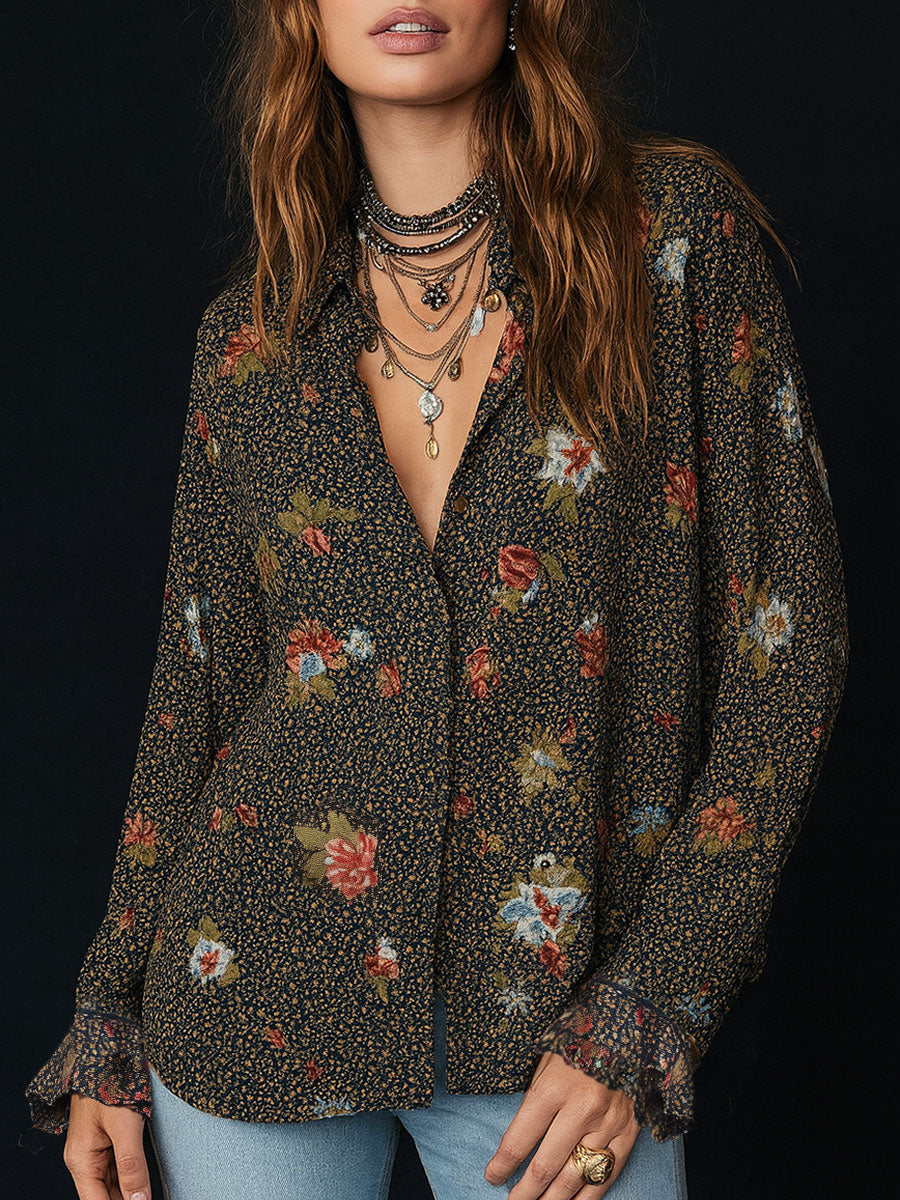 Dames Blouse Bloemenprint Ruches Afgeronde Hals - StudioMarella