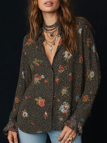 Dames Blouse Bloemenprint Ruches Afgeronde Hals - StudioMarella