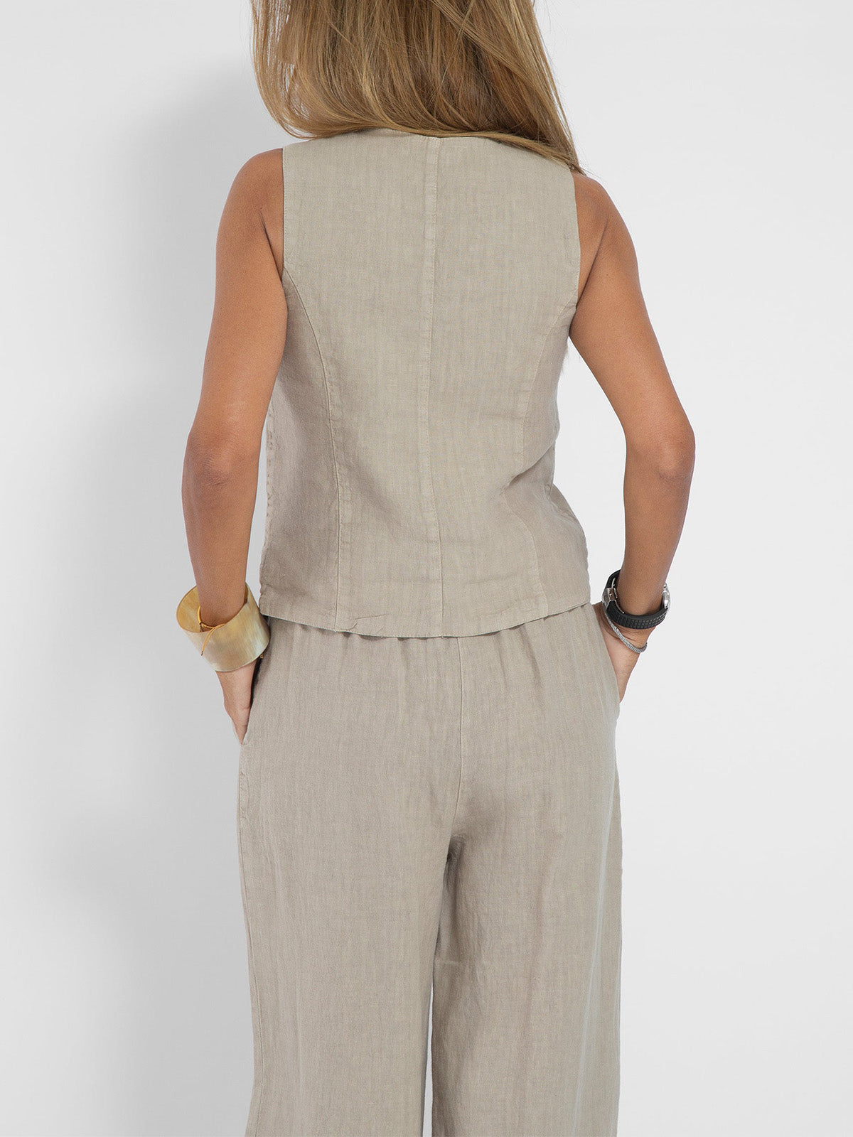 Linnen Set Dame Mouwloos V-Hals Gilet en Wijde Broek