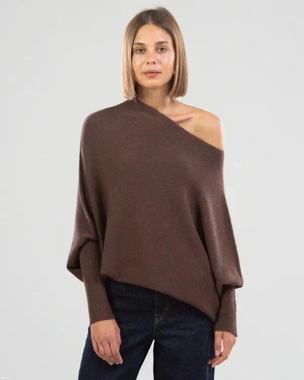 Off-Shoulder Trui Gebreid Asymmetrisch Mode Model