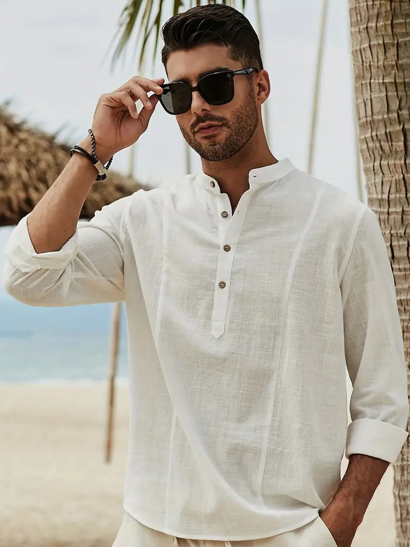 Strandshirt Lichtblauw Relaxed Fit met Staande Kraag