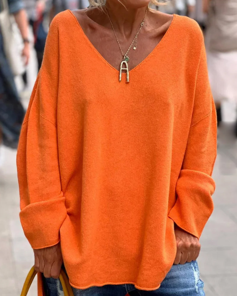 Vrouwen Trui Oranje Loose Fit V-hals - StudioMarella