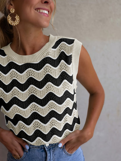 Dames Mouwloos Kabelgebreid Vest Met Contrasterende Halslijn
