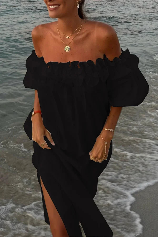 Vrouwelijke Off-the-shoulder Jurk met Ruches en Pofmouwen